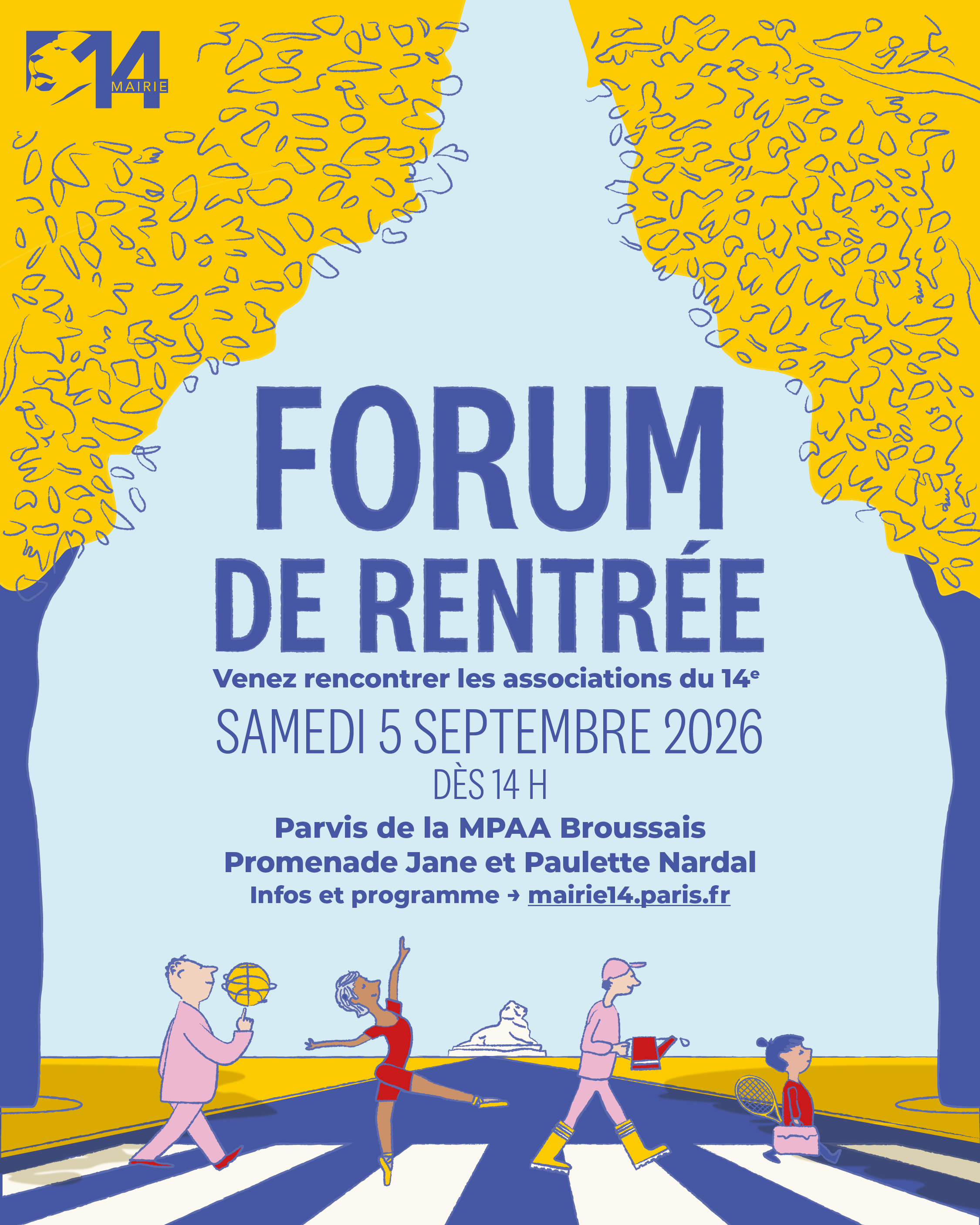 Visuel du forum dessinée avec arbres feuillage jaune, tron bleu, personnages traversant passage piéton (danseuse basketteur, petite fille avec caratable)