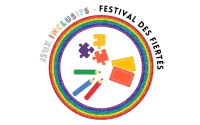 pièces de puzzle, crayons de couleurs, cartes à jouer entourés d'un cercle aux couleurs de l'arc en ciel