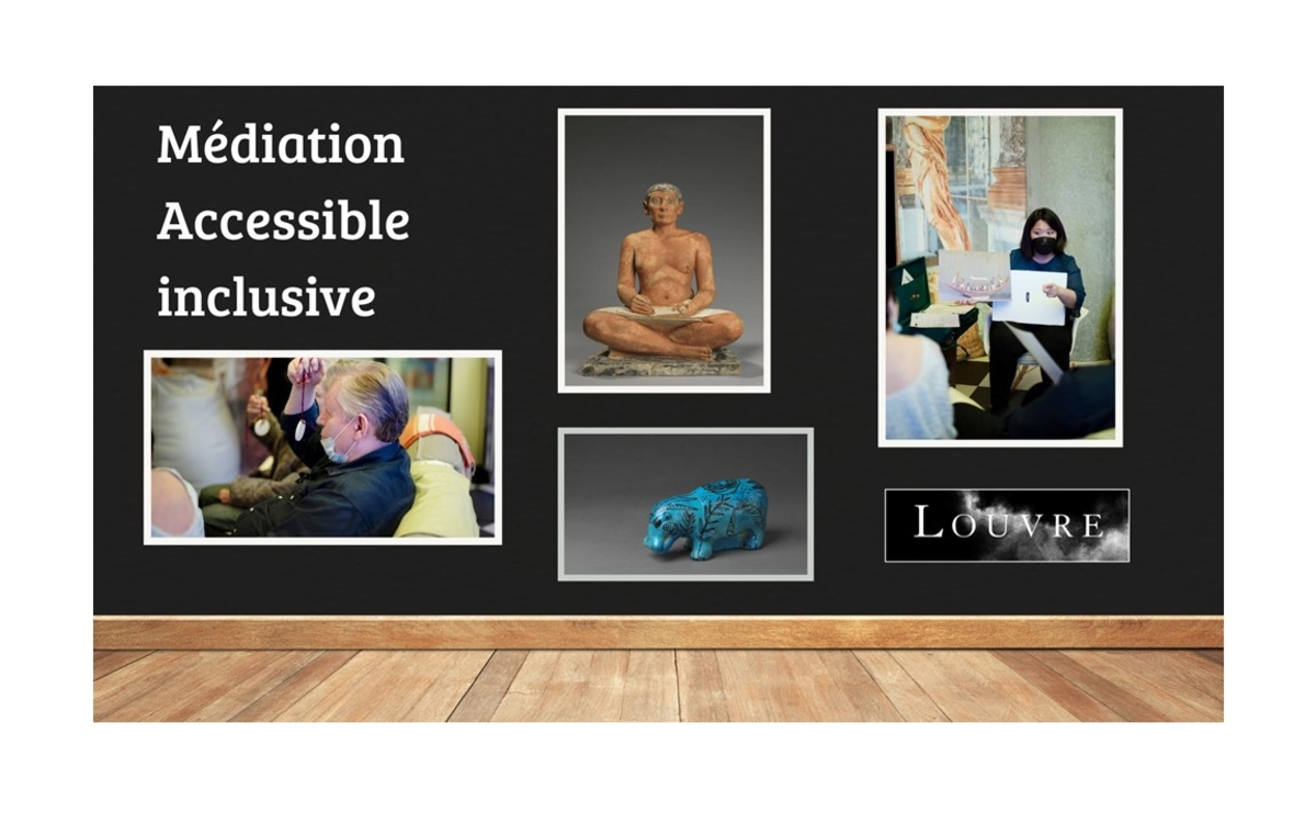Photos de la médiation autour de l'Egypte antique accrochées comme une exposition dans un espace qui rappelle le Louvre