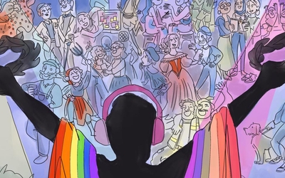 Affiche représentant une ombre avec une banderole LGBTQIA+ de dos devant une foule
