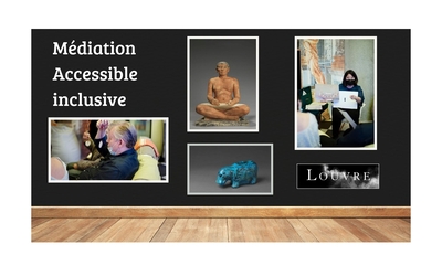 Photos de la médiation autour de l'Egypte antique accrochées comme une exposition dans un espace qui rappelle le Louvre