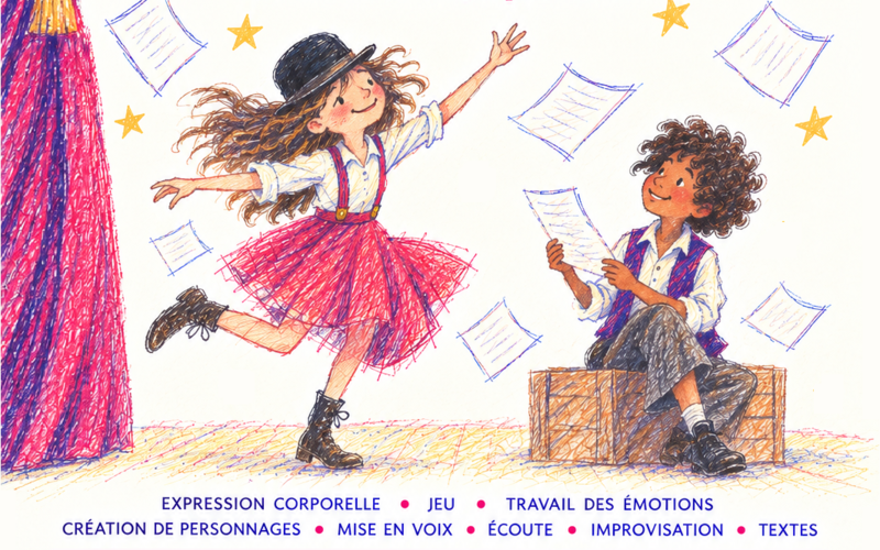 Affiche du stage enfants Joue-la comme Prévert, théâtre gestuel et poétique pour les 7 à 13 ans.
