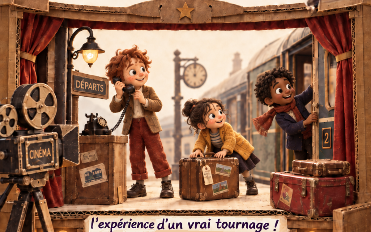 Affiche du stage cinéma enfants Silence, on tourne !, avec des enfants en situation de tournage et une caméra.
