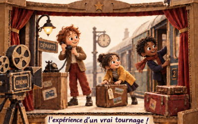 Affiche du stage cinéma enfants Silence, on tourne !, avec des enfants en situation de tournage et une caméra.