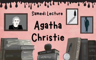titre de l'animation sur fond rouge avec des illustrations de livres et d'Agatha Christie
