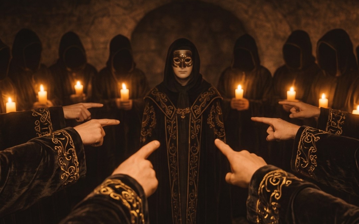 Joueurs en capes noires désignant un personnage masqué, à la lueur des bougies, dans une cave voûtée