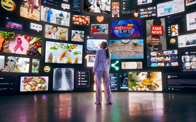 Une femme devant une multitude d'écran proposant des informations en santé