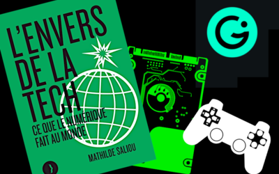 Couverture du livre "L'envers de la tech" de Mathilde Saliou, sur un fond noir où l'on voit également une image de disque dur vert fluo, une manette de jeu vidéo blanche, et le logo de l'association Game Impact