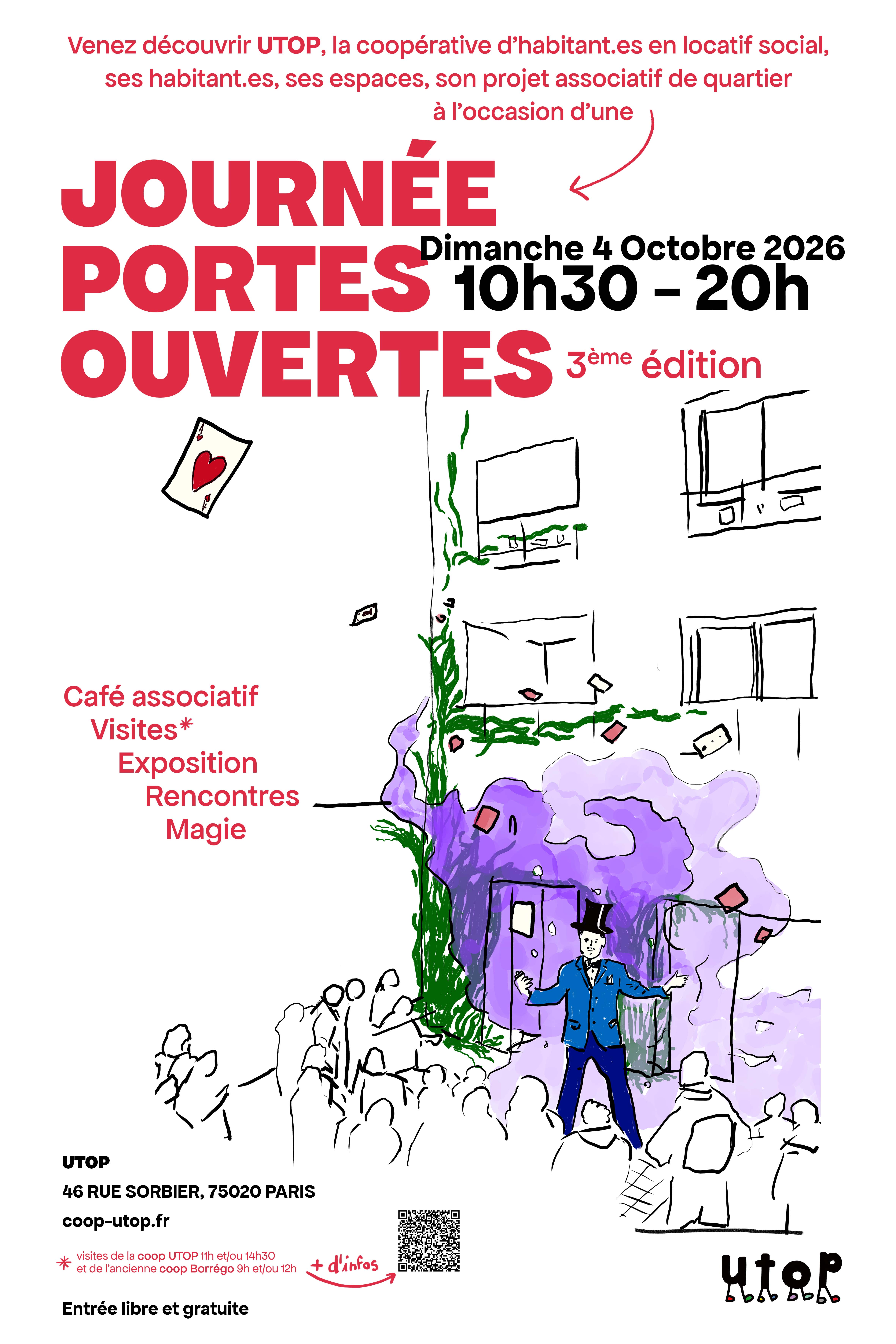 Affiche au format A3 vertical pour annoncer la journée portes ouvertes de la coopérative UTOP le 4 octobre 2026. Sous le grand titre on voit l'angle d'un immeuble de logement dessiné au trait noir et au rez-de-chaussée un magicien est entouré d'une foule. Il fait apparaitre un nuage de fumée violette. 