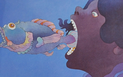 personnage la bouche grande ouverte à droite cherchant à avaler un poisson ayant lui même la bouche ouverte, sur fond bleu