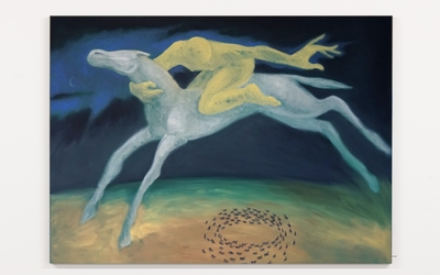 Peinture d'un homme sur un cheval fuyant un moulin de fourmis