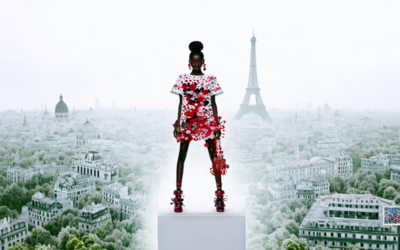 Affiche de l'initiation gratuite à la langue créole martiniquaise. Une jeune femme noire en robe blanche à motifs rouges se tient sur un socle devant Paris et la tour Eiffel, dans une brume blanche. Texte : « Aprann kréyol-la · Initiation gratuite · créole martiniquais · 10.10.2026 · 14 h · MVAC Paris 13 · Make Kréyol Great Again »