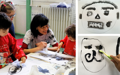 Dessins réalisés par des enfants lors d'un atelier avec Kotimi. Photographie de Kotimi avec deux enfants lors d'un atelier