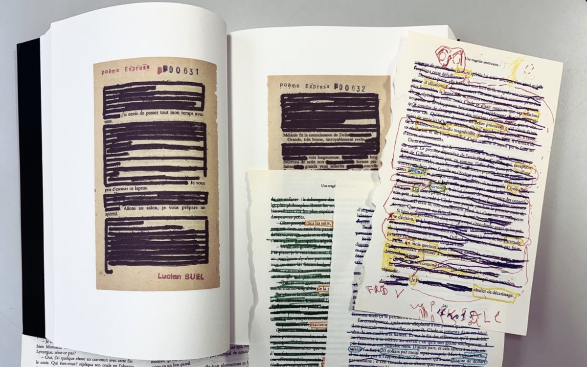 Livre de Lucien Suel (le livre des poèmes express), présenté ouvert avec des feuilles libres pour montrer le procédés du caviardage