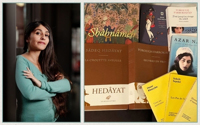 Iris Farkhondeh et une sélection de livres issus de la littérature persane