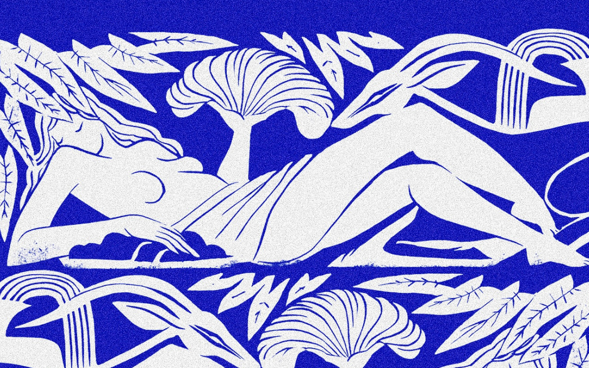 Peinture représentant une femme nue en train de s'éventer au milieu de feuilles