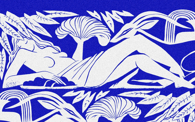 Peinture représentant une femme nue en train de s'éventer au milieu de feuilles