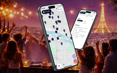 Visuel de l'application Noctambules : un smartphone affiche une carte de Paris avec des marqueurs de lieux festifs. Slogan « Les endroits festifs, en temps réel autour de soi », QR code et boutons de téléchargement App Store et Google Play.