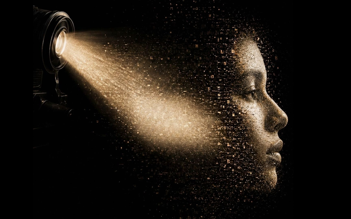 Un faisceau de lumière de projecteur éclaire un visage humain composé de particules dorées sur fond noir.