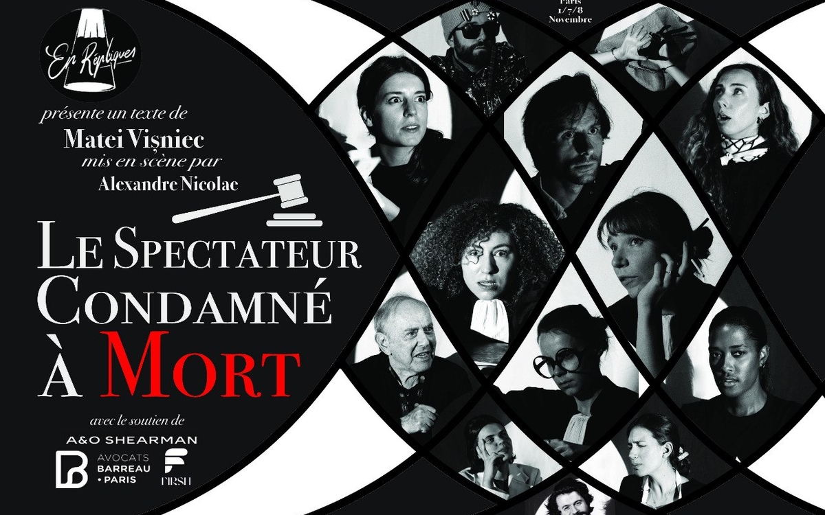 Affiche en noir et blanc du spectacle « Le Spectateur condamné à mort », présentant les portraits des comédiens dans une composition géométrique.