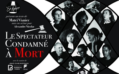 Affiche en noir et blanc du spectacle « Le Spectateur condamné à mort », présentant les portraits des comédiens dans une composition géométrique.