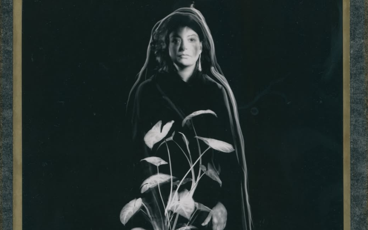 Polaroid représentant une femme derrière une fleur 